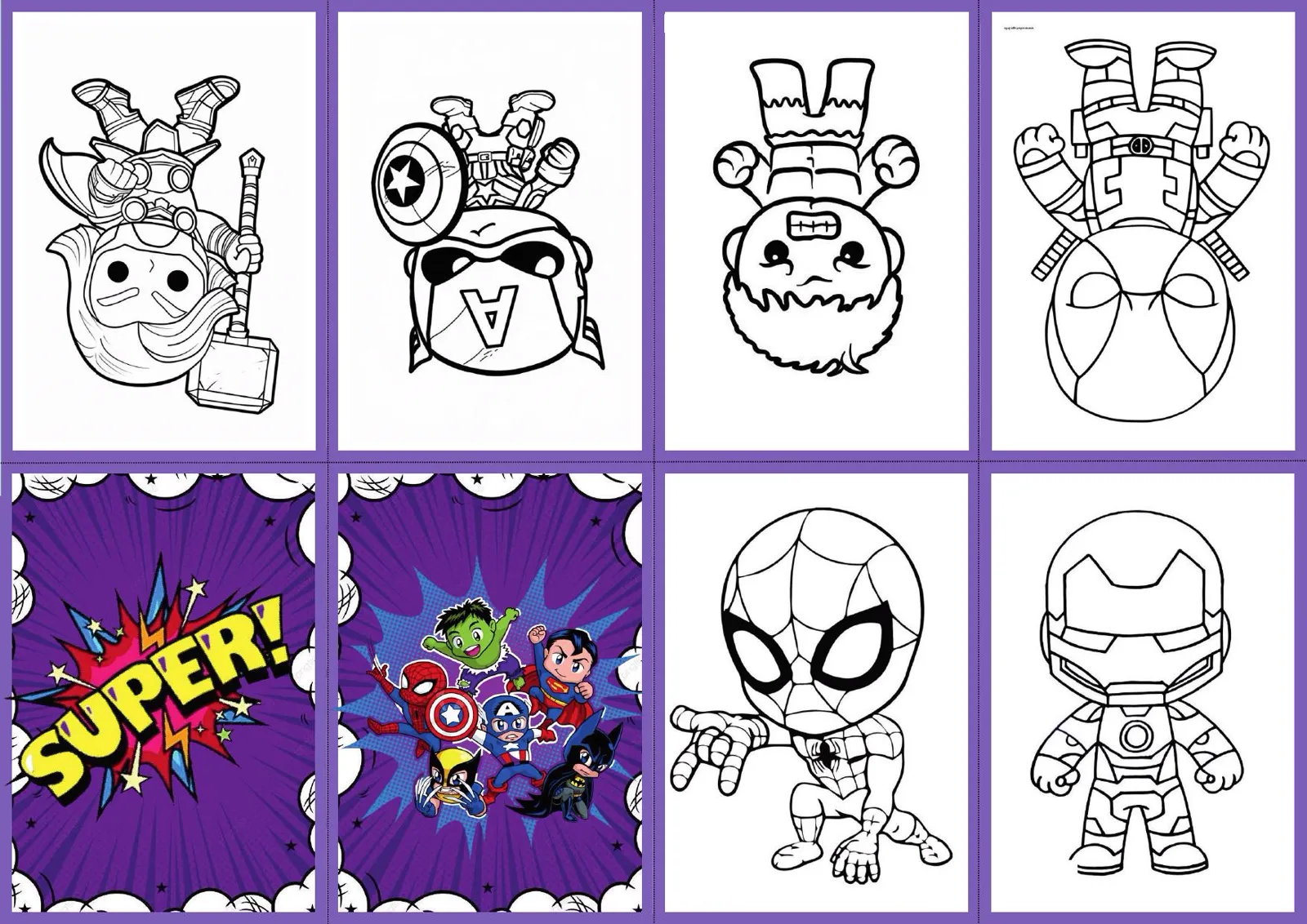 Folha A4 com 8 páginas de mini livrinho de colorir dos Super-Heróis Marvel